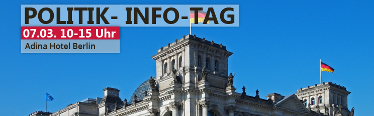Veranstaltungsgrafik des Politik-Info-Tages, die das Reichstagsgebäude in Berlin zeigt.